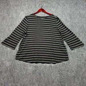 J Jill Top Womens XL Pima Tie Sleeve Tee Shirt Black Stripe Knit 3/4 Sleeve